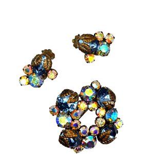 Art Deco Made in Austria signed brooch and earrings blue with gold leaves set